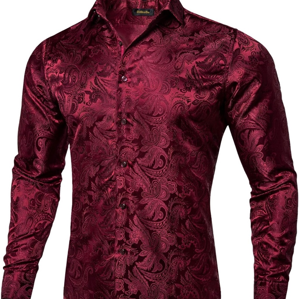 DiBanGu Elegant Burgundy Paisley Dress Shirt - Size L